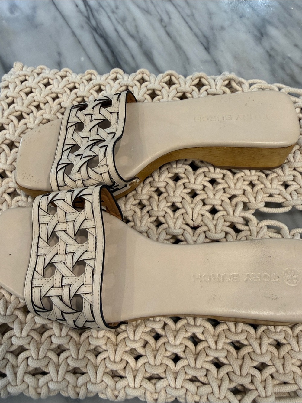Tory Burch Cream Braided Leather Slide Sandals